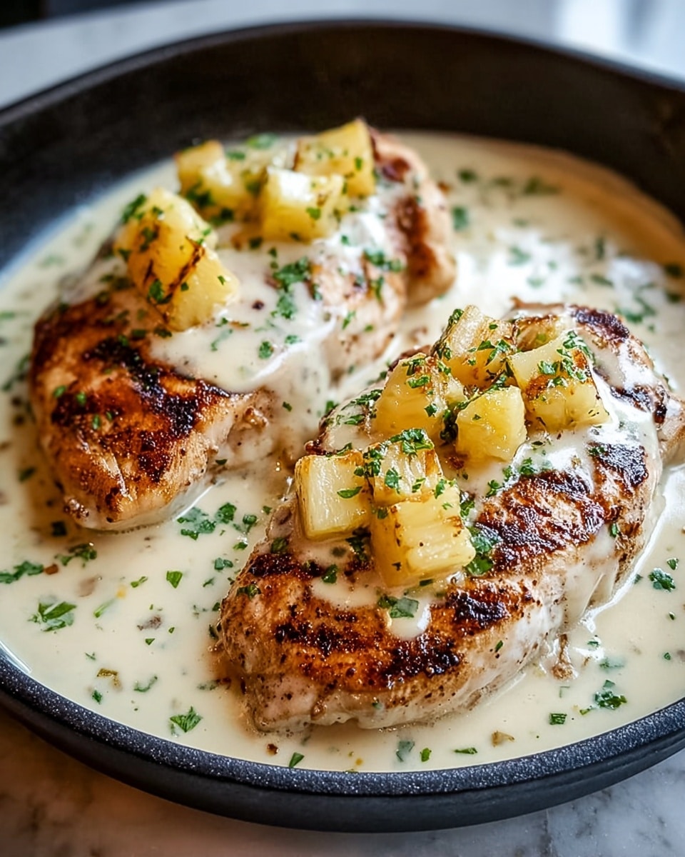 Two grilled chicken breasts with brown char marks sit in the center of a round black pan filled with creamy white sauce. Each chicken piece is topped with small golden brown grilled pineapple cubes and sprinkled with chopped green herbs. The sauce has a smooth texture with herbs mixed in, coating the chicken and pooling in the pan. The background shows a soft blur of a white marbled texture. Photo taken with an iphone --ar 4:5 --v 7