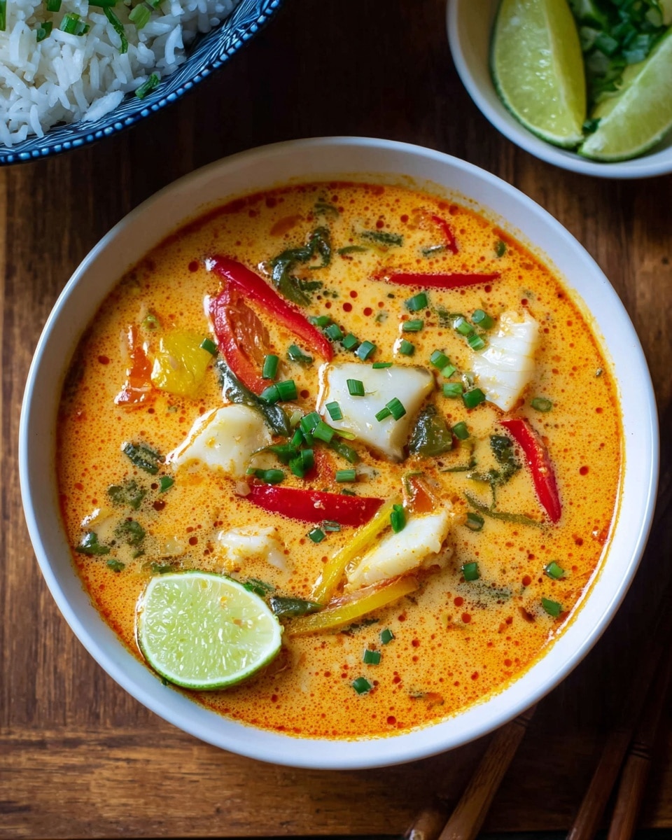 A white bowl filled with a creamy orange soup that has visible oil droplets on top. Inside the soup, there are white pieces of fish, thin slices of red and yellow bell peppers, and small green chopped scallions scattered all over. Two lime wedges rest near the edge inside the soup. The bowl is placed on a wooden surface, with a small white bowl holding lime slices visible in the top right corner and part of another bowl with white rice and green garnish in the top left corner. photo taken with an iphone --ar 4:5 --v 7