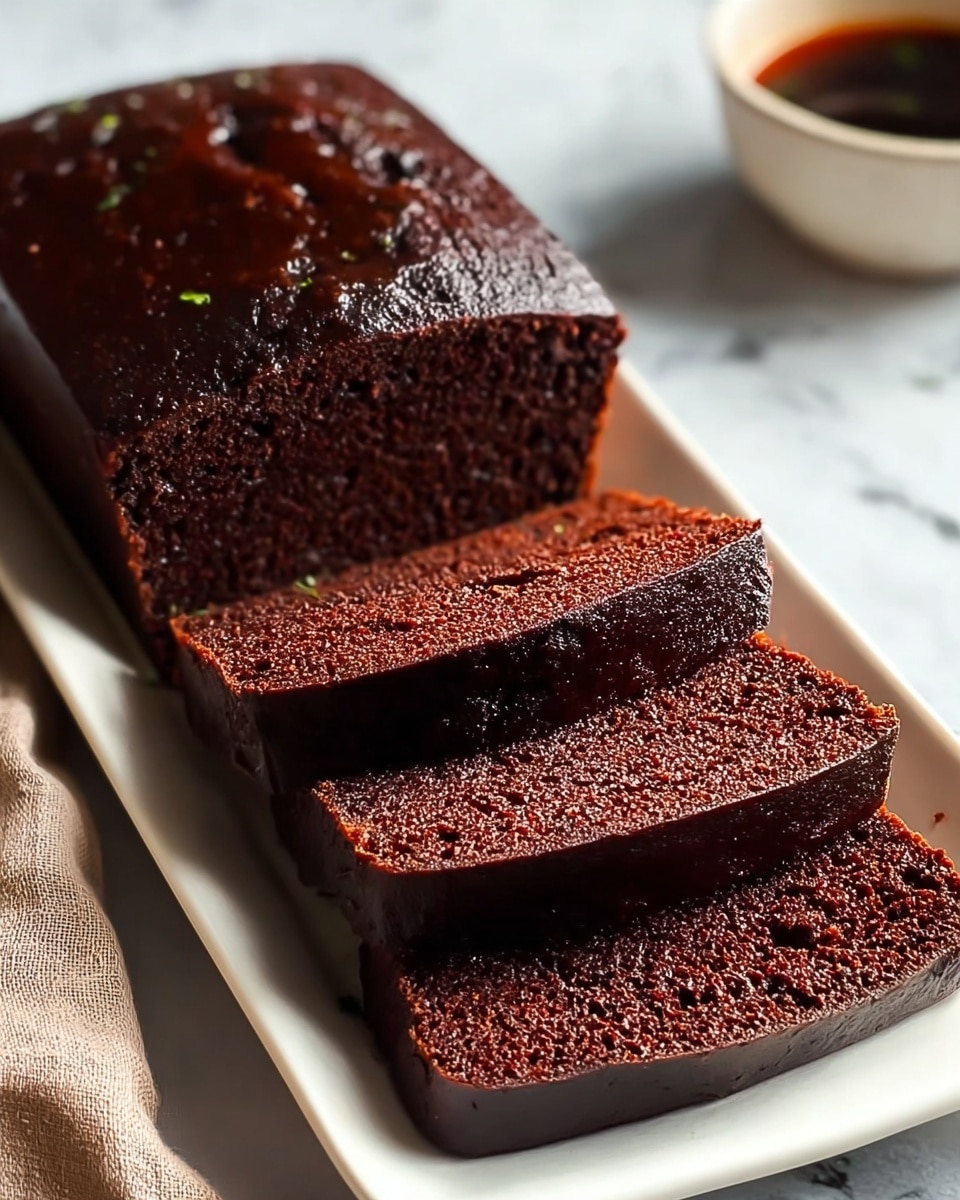 A loaf of dark chocolate cake is placed on a long white rectangular plate set on a white marbled surface. Four thick slices are cut and slightly overlapping each other in front of the main loaf. The cake has a rich, moist texture with a shiny, darker top and a porous, dense crumb inside. The surface of the table includes a beige fabric in the lower left corner. Photo taken with an iphone --ar 4:5 --v 7