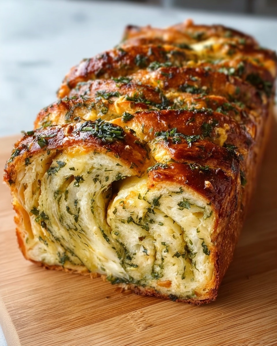A loaf of garlic and herb pull-apart bread sliced to show its soft, fluffy inside with layers of green herbs and melted cheese swirled throughout. The outside is golden brown and crispy with a shiny, slightly glossy finish from the melted butter and herbs on top. The bread is on a light wooden board with a white marbled texture background softly blurred in the distance. Photo taken with an iphone --ar 4:5 --v 7