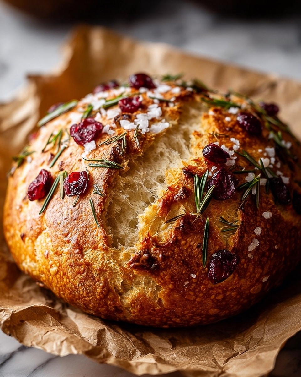 A round loaf of bread with a golden brown crust is placed on brown parchment paper over a white marbled surface. The bread’s top is decorated with scattered pieces of red dried cranberries and small sprigs of green rosemary, along with coarse white salt crystals. The crust has a rustic, cracked texture with light dustings of flour. Some fresh rosemary sprigs lie next to the loaf on the white marbled surface. photo taken with an iphone --ar 4:5 --v 7