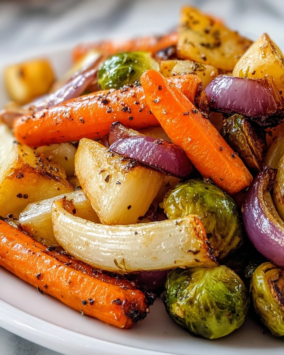 A close-up view of roasted vegetables piled on a white plate, consisting of bright orange baby carrots, green Brussels sprouts with slightly charred edges, creamy white parsnip chunks with a golden crust, and pieces of purple onion showing soft, caramelized layers; the vegetables have a glossy, seasoned surface with visible black pepper and herbs, resting on a white marbled texture background. Photo taken with an iphone --ar 4:5 --v 7