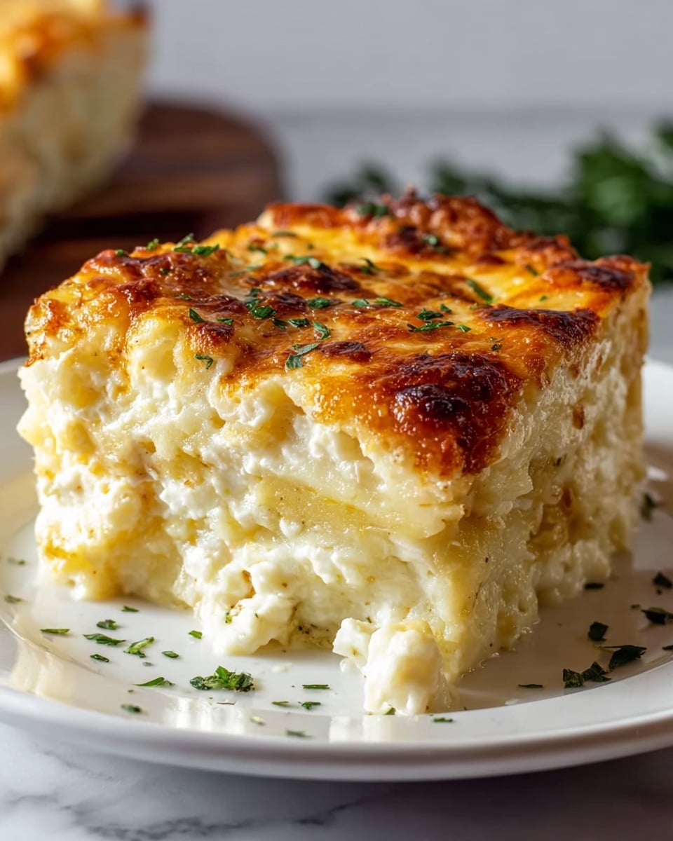 A close-up view of a two-layered creamy casserole piece on a white plate set on a white marbled surface. The bottom layer is thick and soft, pale yellow with a smooth texture. The middle layer is full of white cheesy curds mixed with lighter bits of sauce creating a chunky, rich look. The top layer is golden brown with a slightly crispy and bubbly cheese crust, scattered with small green herb pieces that add a fresh touch. Some herbs are also sprinkled on the plate around the dish. Photo taken with an iphone --ar 4:5 --v 7
