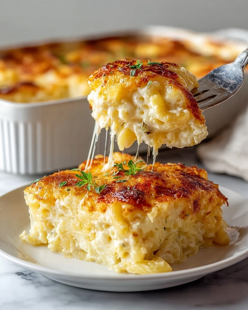 A square piece of creamy baked mac and cheese is served on a white plate placed on a white marbled surface. The dish shows several layers: a thick creamy bottom layer of soft macaroni mixed with cheese sauce, a dense middle layer of slightly browned cheese noodles, and a top layer of golden brown, crispy melted cheese with some fresh green herb garnishes. A fork lifting a portion from the piece reveals stretchy melted cheese stringing between the fork and the remaining square, highlighting the gooey texture. In the background, a white baking dish with more mac and cheese is slightly blurred. Photo taken with an iphone --ar 4:5 --v 7