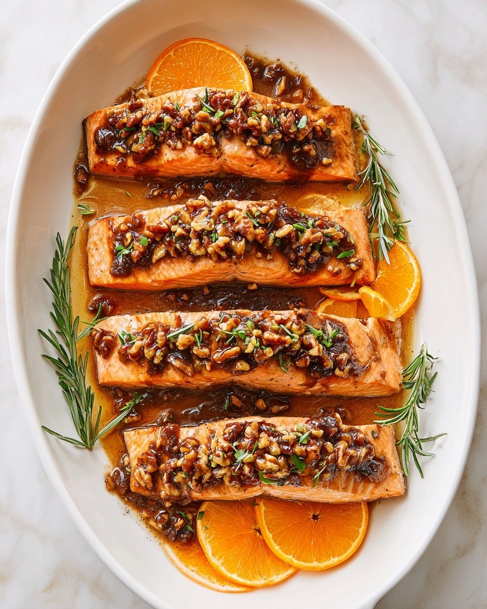Four pieces of cooked salmon fillets are placed side by side inside a white oval dish. Each salmon fillet is topped with a thick layer of glossy brown sauce mixed with chopped nuts, giving it a rich, textured look. Fresh green rosemary sprigs are placed on top of the sauce and around the fillets for garnish. Bright orange slices are arranged around the salmon inside the dish, adding a pop of color. The dish sits on a white marbled surface, creating a clean, bright background. photo taken with an iphone --ar 4:5 --v 7
