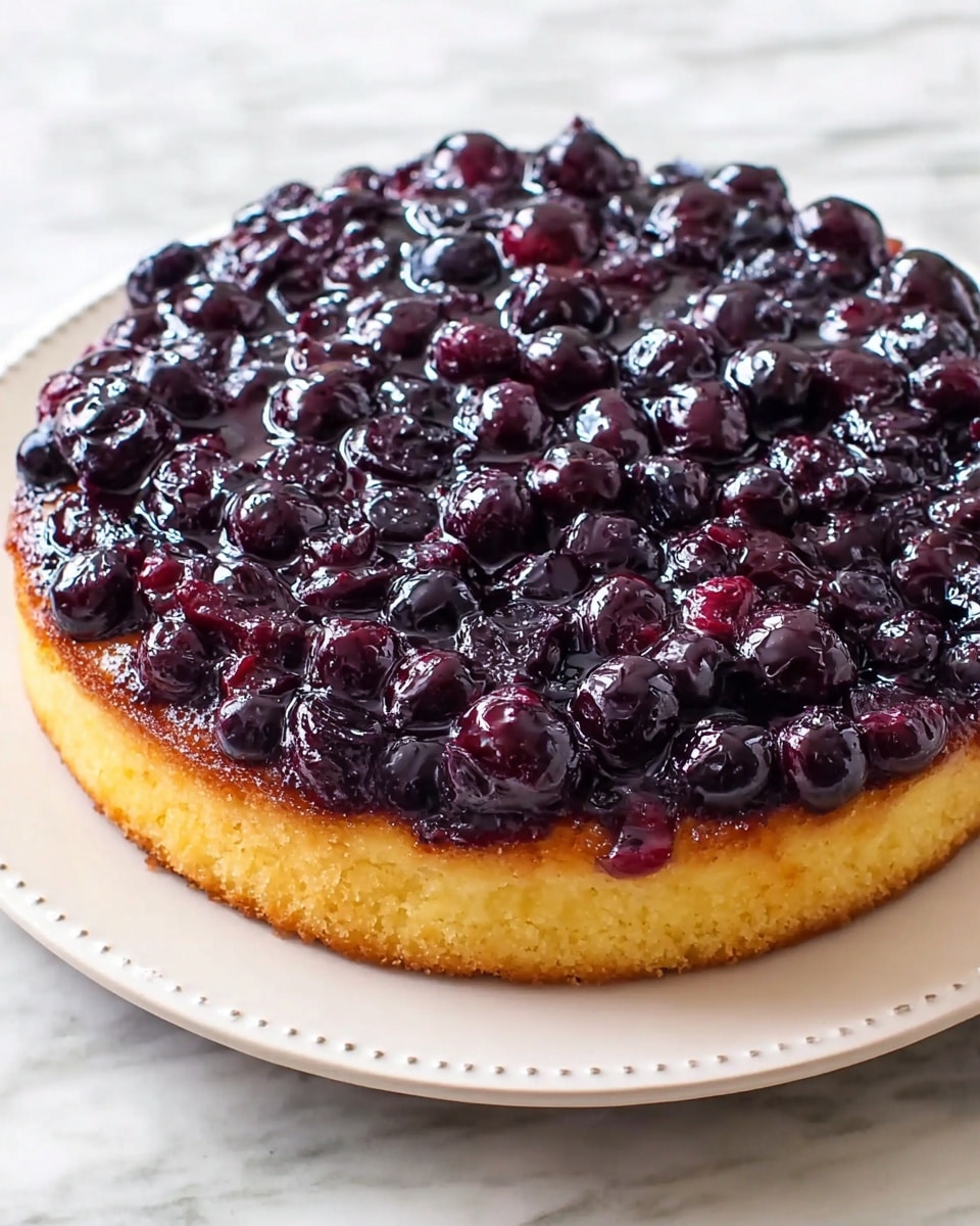 A single-layer round cake with a golden-yellow base that looks soft and moist, topped evenly with a thick layer of glossy blueberry compote. The blueberries are whole and bursting with deep purple and dark blue shades, covered in a shiny glaze that reflects light, giving the top a textured and juicy look. The cake sits on a simple white plate with a dotted rim, placed on a white marbled surface. photo taken with an iphone --ar 4:5 --v 7