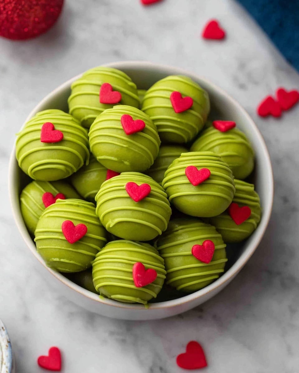 A bowl filled with round, bright green sweets that have a smooth surface and some are decorated with thin green lines of drizzle around them; each sweet is topped with a small red heart-shaped decoration. The bowl is white and placed on a white marbled surface with a few red heart decorations scattered nearby. The green color is vivid and contrasts with the red hearts, making the sweets look fresh and appealing. photo taken with an iphone --ar 4:5 --v 7