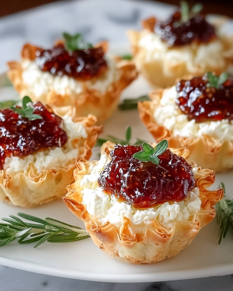 The image shows five mini tartlets each with three layers, arranged on a white plate over a white marbled surface. The bottom layer is a crispy, light golden-brown, flaky pastry shell with delicate ruffled edges. The middle layer is a thick, creamy, white cheese filling that looks soft and smooth. The top layer is a shiny, dark red, glossy fig jam spread generously over the cheese, with a small green herb leaf placed on top of each tartlet for garnish. Small sprigs of fresh green rosemary are placed around the plate for decoration. Photo taken with an iphone --ar 4:5 --v 7