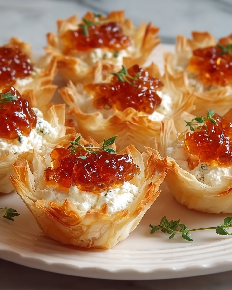 The image shows multiple crisp, golden-brown phyllo pastry cups arranged on a white plate with delicate texture and layered edges. Each cup has three visible layers: the flaky phyllo base in light golden color, a middle layer of creamy white cheese filling with a soft and smooth texture, topped with a shiny, reddish-orange jelly or jam that looks glossy and slightly chunky. Small green herb sprigs are placed on top of the jelly and scattered around the plate for garnish. The overall look is fresh and appealing, set on a white marbled surface. photo taken with an iphone --ar 4:5 --v 7