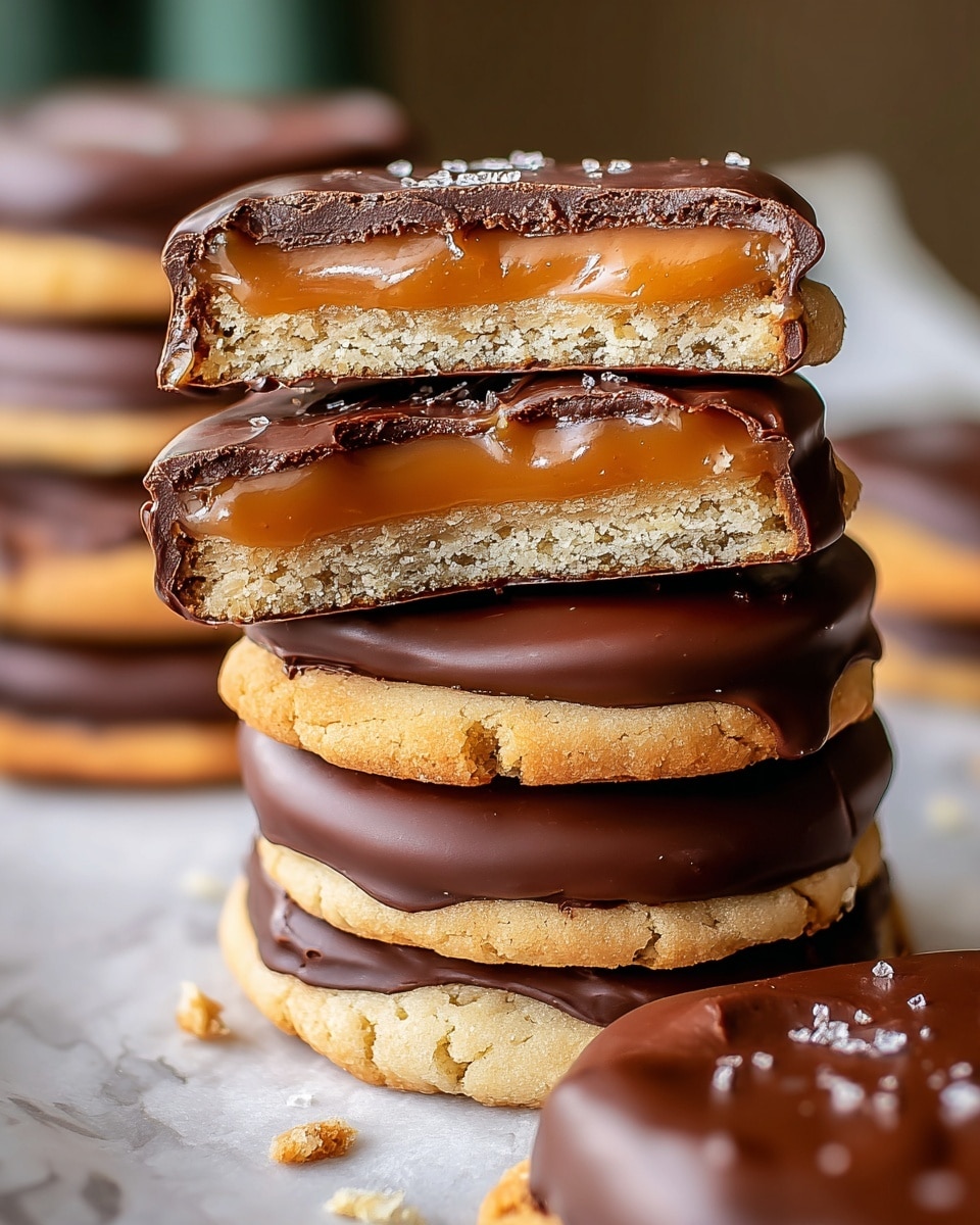 A stack of chocolate-coated cookies is pictured on a white marbled surface, with the top cookie cut in half revealing its layers. Each cookie has three main layers: a bottom light tan crumbly cookie base, a middle smooth golden caramel layer, and a thick dark brown chocolate coating on top that is shiny and slightly glossy. The top cookie’s caramel layer is thick and slightly stretchy, with a defined texture that appears soft and creamy. The cookies are stacked unevenly, showing a rustic, homemade look with some cracks on the cookie base and small crumbs around. The background is softly blurred, keeping focus on the stack. photo taken with an iphone --ar 4:5 --v 7