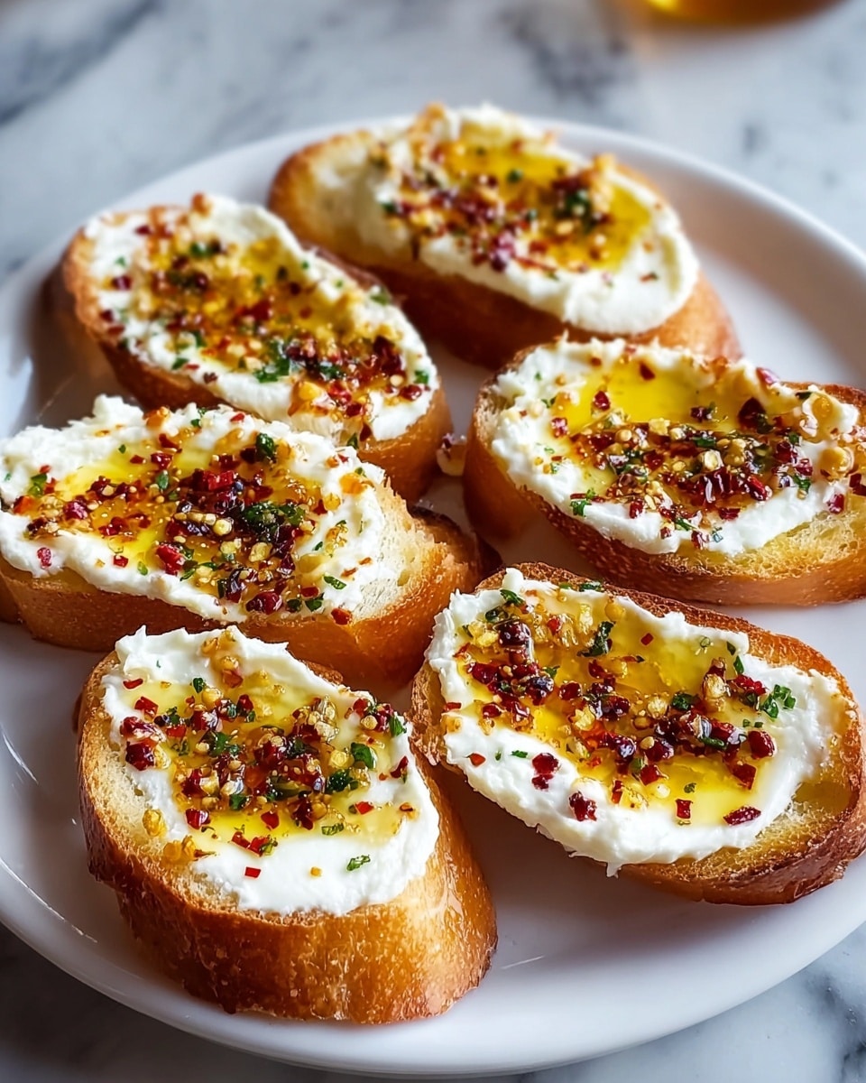 The image shows four toasted slices of bread with a golden-brown, slightly charred crust placed on a wooden board. Each slice is topped with a thick, creamy white layer of cheese. Over the cheese, there is a drizzle of golden honey, scattered red chili flakes, and small green herb leaves, adding vibrant color contrast. In the background, a glass container of honey and a wooden honey dipper are partially visible on a white marbled surface. photo taken with an iphone --ar 4:5 --v 7