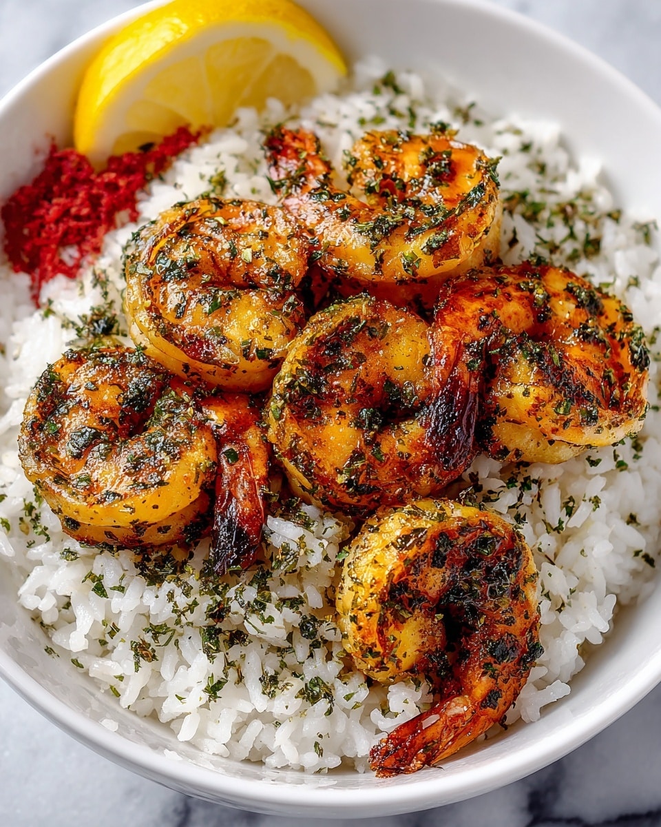 A close-up of a white bowl filled with fluffed white rice at the bottom layer, topped with five large, golden-brown grilled shrimp evenly spaced around the bowl. The shrimp are shiny with a herb glaze, showing green herb specks and slight char marks, giving a juicy and flavorful look. In the top left corner, part of a lemon wedge and a small red garnish are visible, adding color contrast. The background is a white marbled texture. photo taken with an iphone --ar 4:5 --v 7