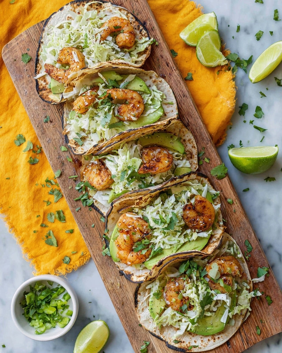 A wooden board holds five small tacos stacked close together. Each taco starts with a slightly charred, pale tortilla as the base. On top, there are layers of green avocado slices and golden-brown cooked shrimp. The shrimp are topped with shredded white cabbage mixed with chopped green herbs and sliced green onions. Fresh cilantro leaves and sprinkled herbs are scattered over the tacos and the board. Nearby, there is a small white bowl with additional chopped green onions, a bright yellow cloth under the board, and lime wedges placed on a white marbled surface. photo taken with an iphone --ar 4:5 --v 7