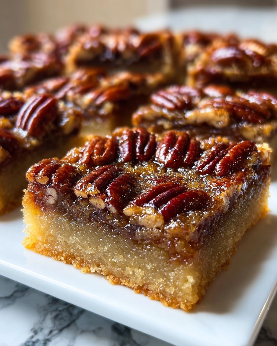 A close-up view of a square pecan pie bar resting on a white rectangular plate placed on a white marbled surface. The bar has two visible layers: the bottom layer is a golden, thick, crumbly crust, while the top layer is a rich, amber-colored, sticky filling packed with glossy, whole pecans arranged in a tight pattern. The filling looks gooey and slightly translucent, contrasting with the dense, cakey base. In the background, more pecan pie bars are slightly out of focus, showing the same textures and rich colors. photo taken with an iphone --ar 4:5 --v 7