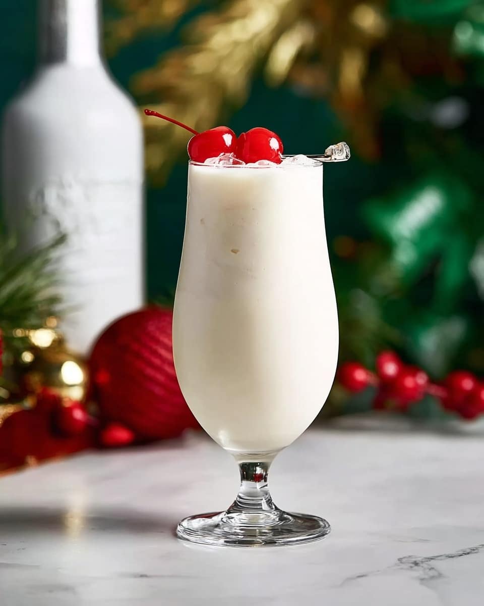 A tall clear glass filled with a smooth, creamy white drink with no visible layers, garnished on top with shiny bright red cherries held by a small metal pick on the rim; the glass sits on a white marbled surface with a blurry green and gold background, and a white bottle and red holiday decorations can be seen faintly behind it. Photo taken with an iphone --ar 4:5 --v 7