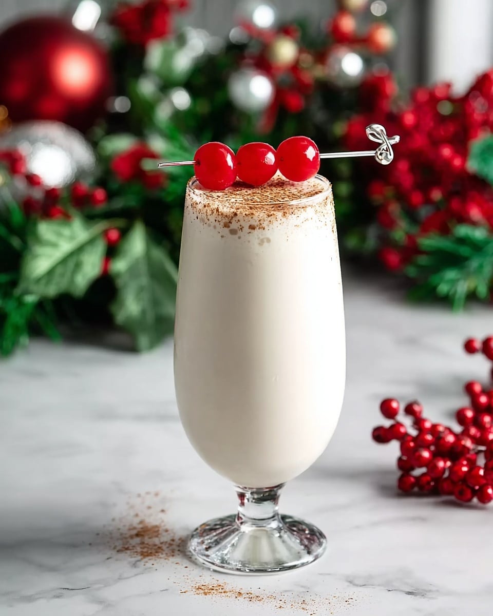 A tall, clear glass is filled with a smooth, creamy white drink that is topped with a light dusting of brown powder, likely cinnamon or nutmeg. On top, three bright red cherries are skewered on a silver stick, resting horizontally across the lip of the glass. The background includes blurred Christmas decorations with red berries and green leaves, set on a white marbled surface that adds a festive feel to the scene. photo taken with an iphone --ar 4:5 --v 7