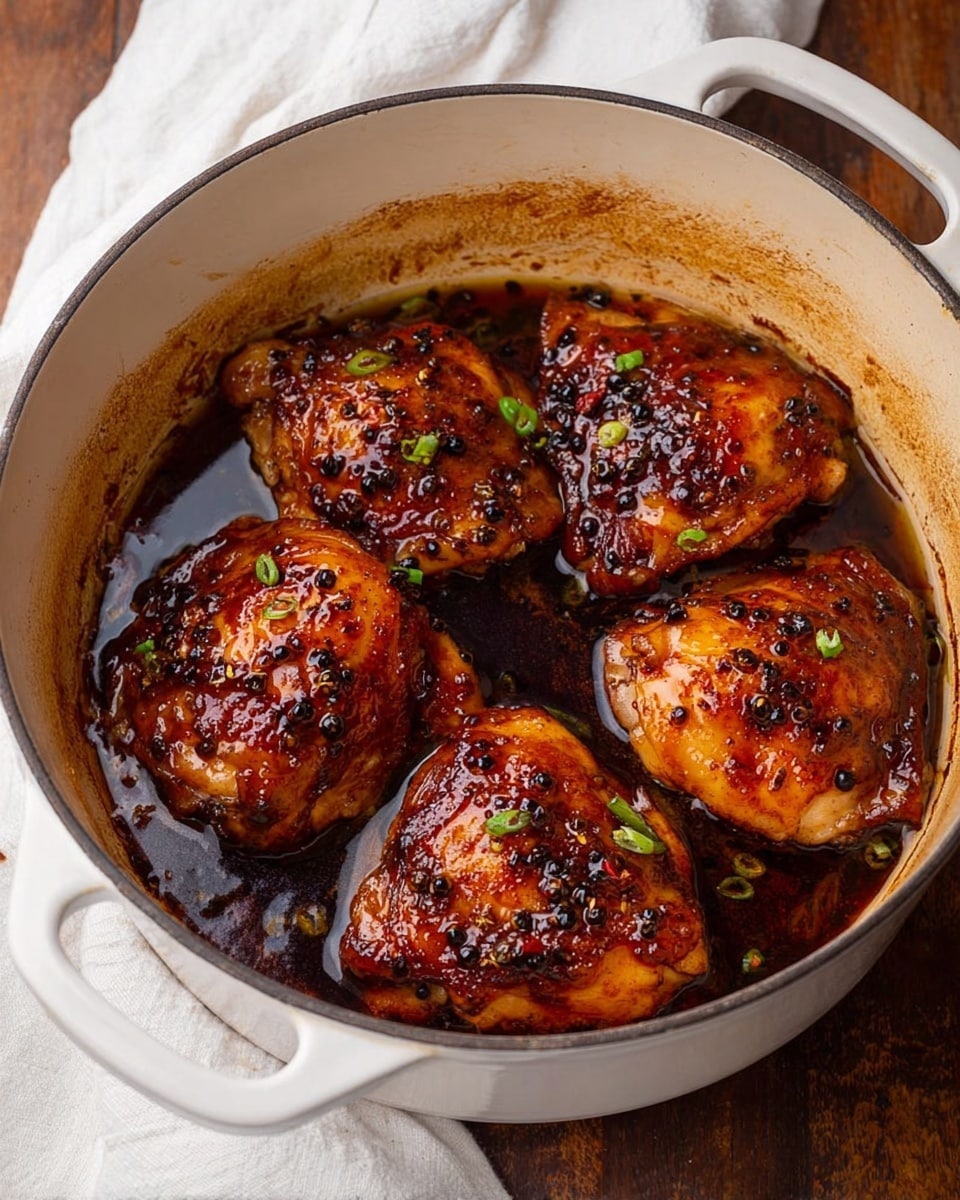 The image shows a white pot with five pieces of cooked chicken thighs inside, arranged closely together. The chicken has a shiny, dark brown glaze with small black and red peppercorns scattered on top, and a few small green onion slices adding color. The pot’s inner rim has a brownish seasoning ring from cooking. The pot sits on a wooden surface with a white cloth partially visible beside it. The lighting highlights the glossy texture of the chicken skin. photo taken with an iphone --ar 4:5 --v 7