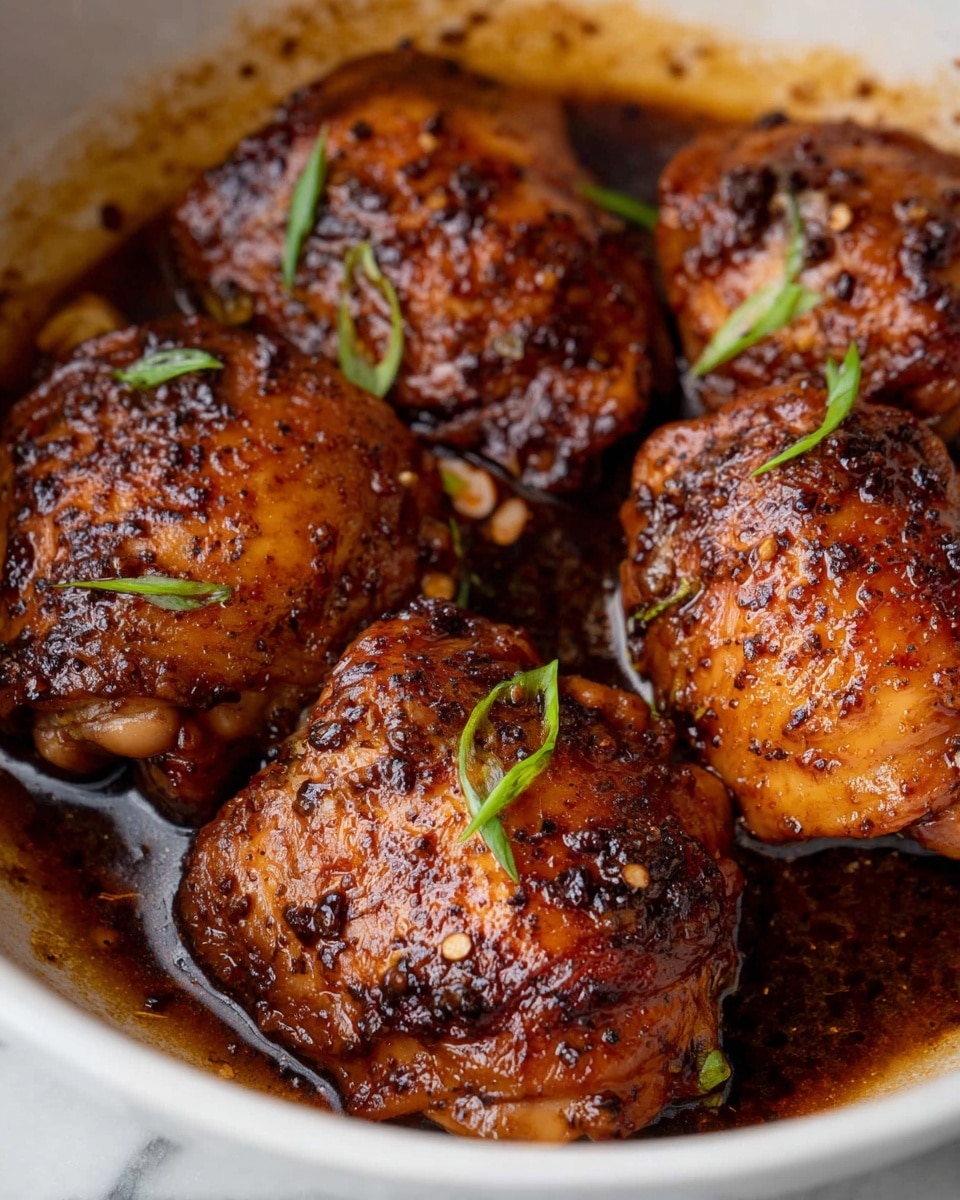A close-up image shows five pieces of cooked chicken thighs in a white bowl, each piece with a shiny, dark brown glaze coating that looks sticky and caramelized. The chicken skin appears crispy with some black peppercorns and small green onion slices scattered on top and around for garnish. The sauce pools slightly at the bottom, covering parts of the chicken and showing a rich, dark brown shade with a glossy texture. The inside rim of the bowl has some sauce splashes, adding to the cooked and rustic look. The background is a white marbled surface. photo taken with an iphone --ar 4:5 --v 7