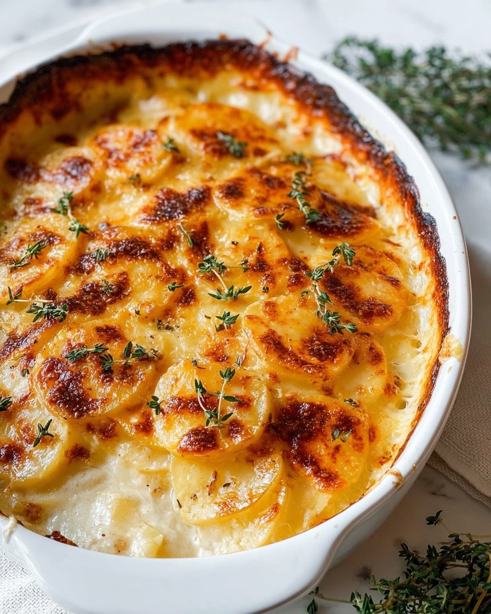 A white oval baking dish holds a golden-brown potato gratin with at least three visible layers. The top layer shows thin, creamy potato slices covered in melted cheese that is browned and bubbly with some crispy edges. Small green thyme leaves are scattered over the top, adding a fresh contrast. The edges of the dish reveal soft, creamy layers underneath the crispy crust. The dish is set on a white marbled surface with a sprig of fresh thyme visible nearby. Photo taken with an iphone --ar 4:5 --v 7