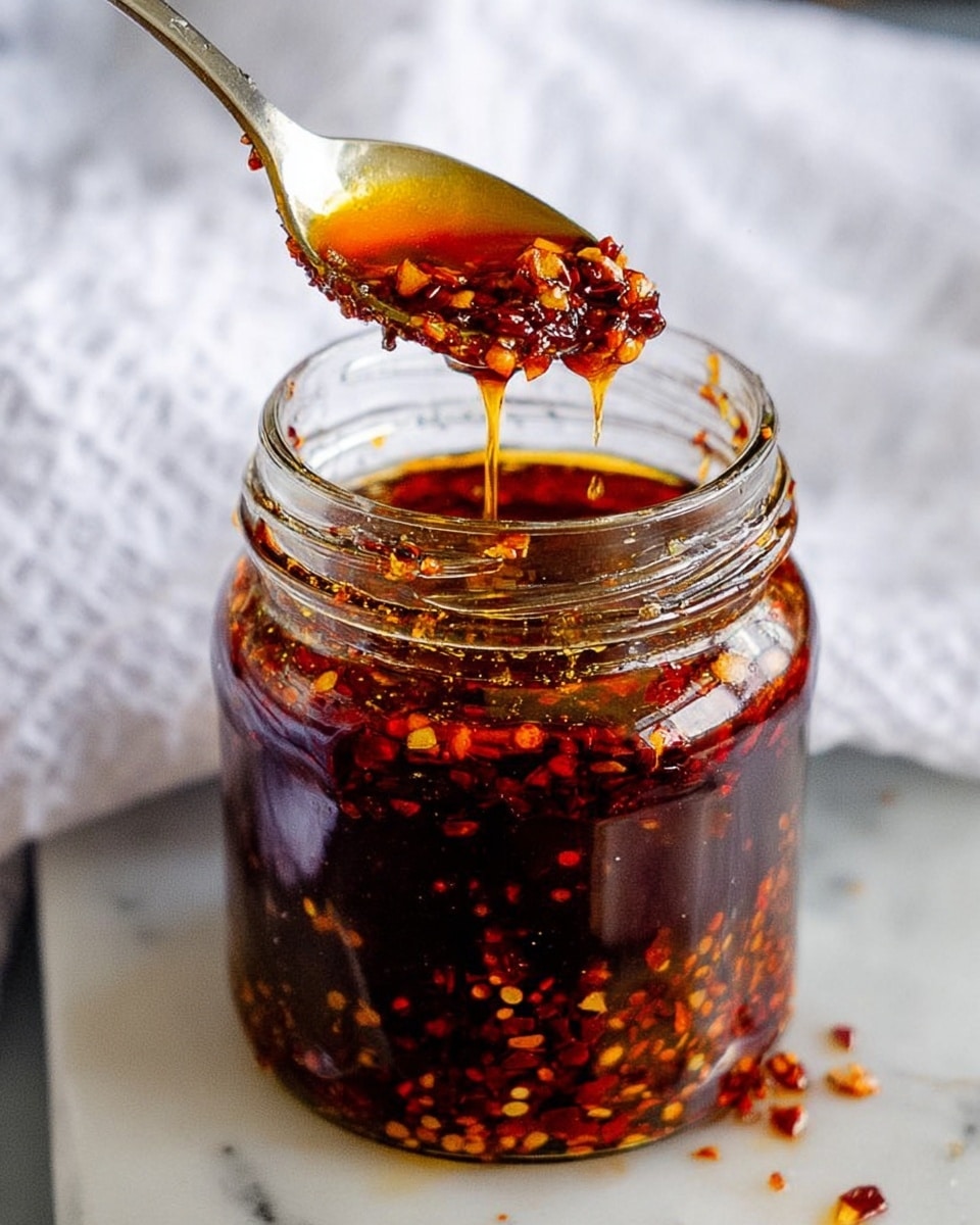 A clear glass jar filled with dark red chili oil that has small red chili flakes and seeds settled mostly at the bottom and some floating on top; the jar is open with an orange lid placed beside it on a white marbled surface, with a blurred white bowl of food in the background. photo taken with an iphone --ar 4:5 --v 7