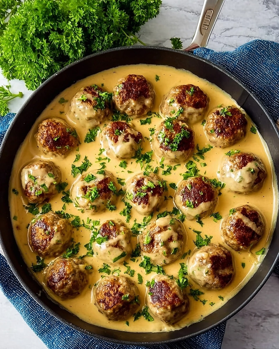 The image shows a black skillet filled with about twenty browned meatballs covered in a smooth, creamy beige sauce. The meatballs are evenly coated, with some sauce pooling around them, and chopped fresh green herbs sprinkled on top. The skillet rests on a white marbled surface with a blue textured cloth partially visible under the pan's handle. A bunch of bright green parsley is placed near the top left corner outside the pan, adding color contrast. Photo taken with an iphone --ar 4:5 --v 7