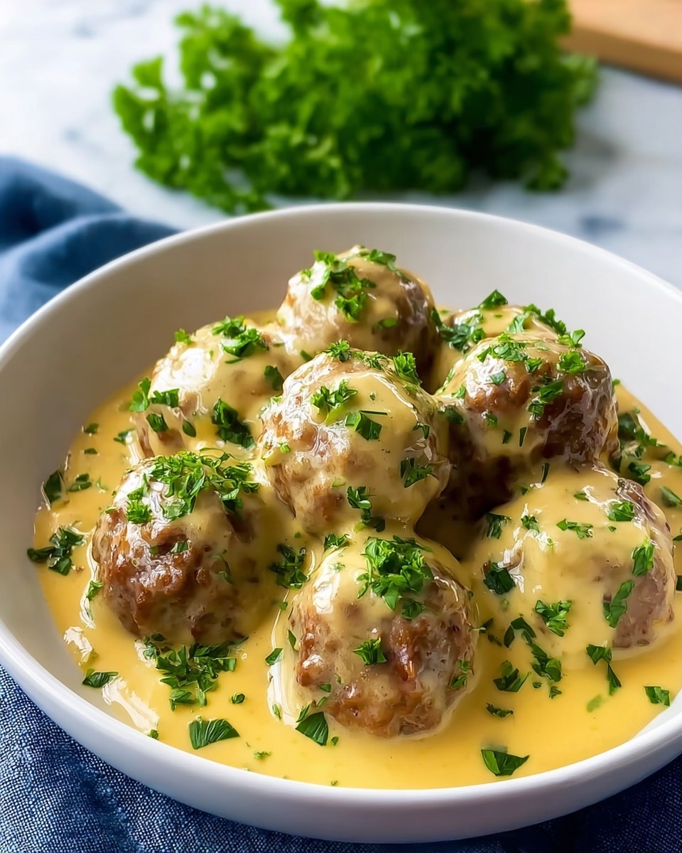 A white bowl filled with a layer of creamy yellow sauce that covers several round brown meatballs, each meatball topped with small pieces of bright green chopped herbs. The meatballs and sauce appear thick and rich, with the sauce spreading evenly beneath and around the meatballs, giving them a smooth glossy look. In the background, some fresh green parsley is visible, and the bowl rests partially on a blue cloth on a white marbled surface. Photo taken with an iphone --ar 4:5 --v 7