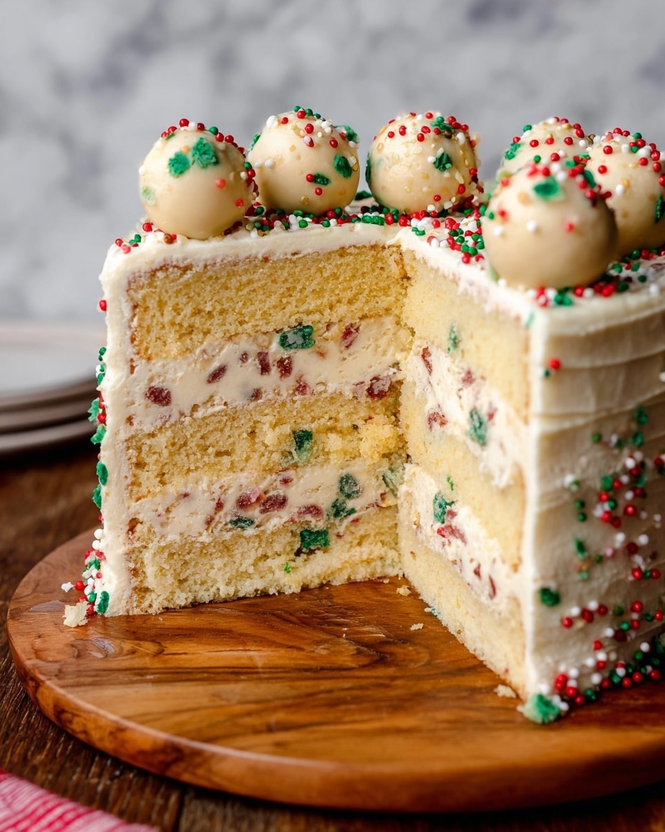 This is a three-layered cake with light yellow sponge layers. Each sponge layer is separated by a thick white cream filling mixed with small red and green sprinkles. The outside of the cake is covered with smooth white frosting, decorated on top with round cream balls that also have red and green sprinkles inside them. There are tiny red, green, and white sprinkles scattered on the top frosting. The cake is placed on a round wooden board, and the background is a white marbled texture. photo taken with an iphone --ar 4:5 --v 7