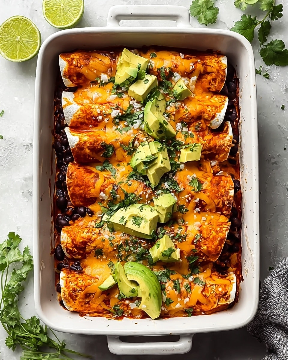 A white rectangular baking dish holds four rolled tortillas filled with a black bean and orange vegetable mix visible underneath, each covered in orange-red sauce and melted yellow and white cheese. Chopped green cilantro and chunky slices of light green avocado are scattered on top. The dish rests on a white marbled texture surface with lime halves and fresh cilantro leaves placed around it. Photo taken with an iphone --ar 4:5 --v 7