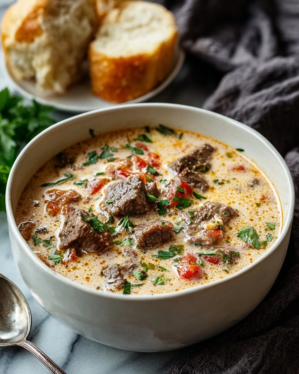 A white bowl filled with creamy soup, showing many pieces of tender brown beef floating on top, mixed with small bright red tomato chunks, and sprinkled with fresh green parsley leaves. The soup has a rich, light beige color with a smooth texture. In the background, a white bowl holds two pieces of crusty golden brown bread with a soft, airy inside. A silver spoon and a green parsley sprig rest on the white marbled surface under the bowls. The setting is cozy with a dark cloth nearby, giving a warm feel. photo taken with an iphone --ar 4:5 --v 7