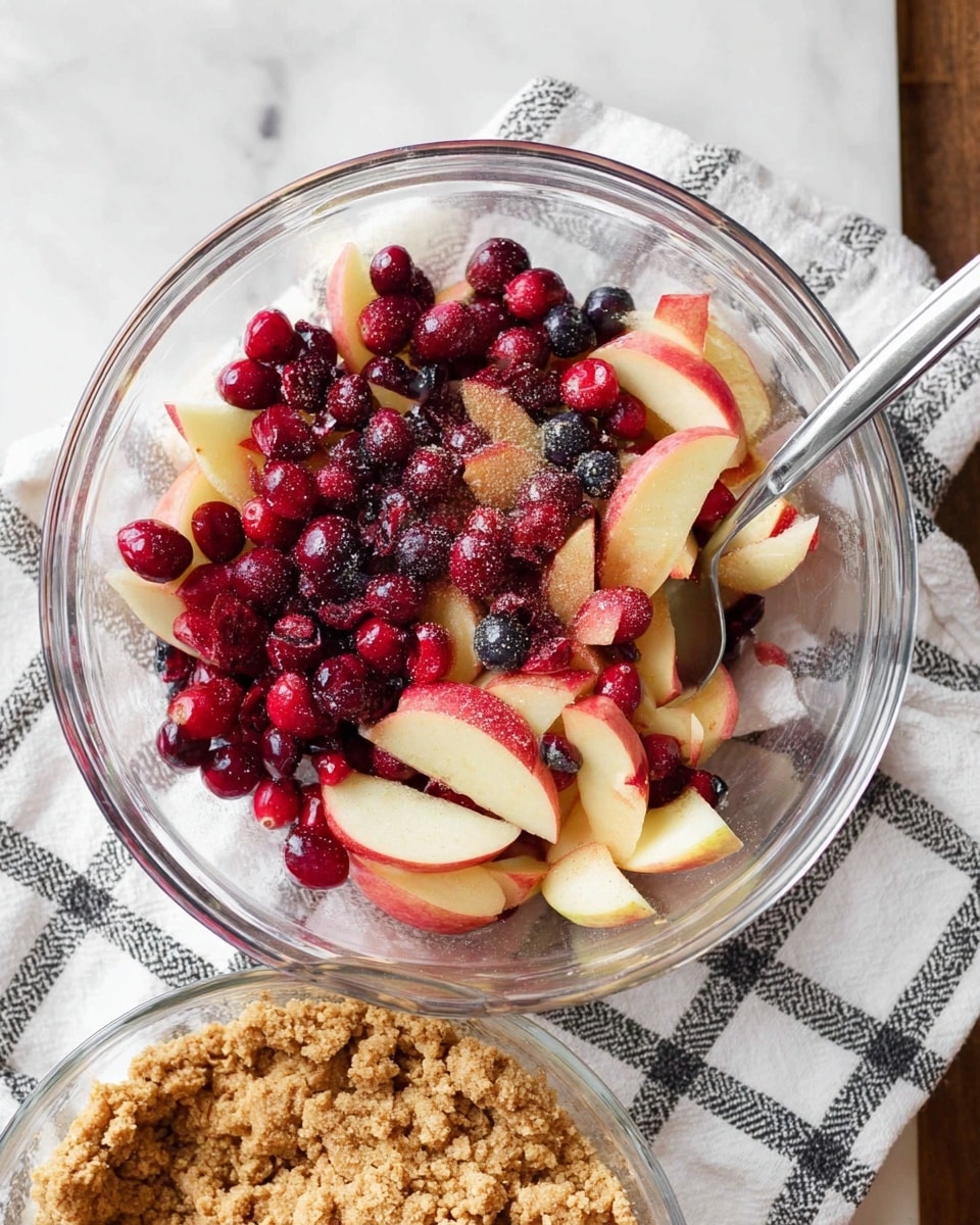 A clear glass mixing bowl filled with two main layers: the bottom layer is made of thin apple slices with red skin and pale yellow inside, topped generously with bright red cranberries and a few darker blueberries scattered throughout. The fruit is lightly covered with a sweet powdery spice. A silver spoon rests inside the bowl, ready for mixing. Below this bowl, there is another clear glass bowl containing a golden-brown oat crumble with a rough, chunky texture. Both bowls sit on a white and black checkered cloth laid over a white marbled surface. Photo taken with an iphone --ar 4:5 --v 7