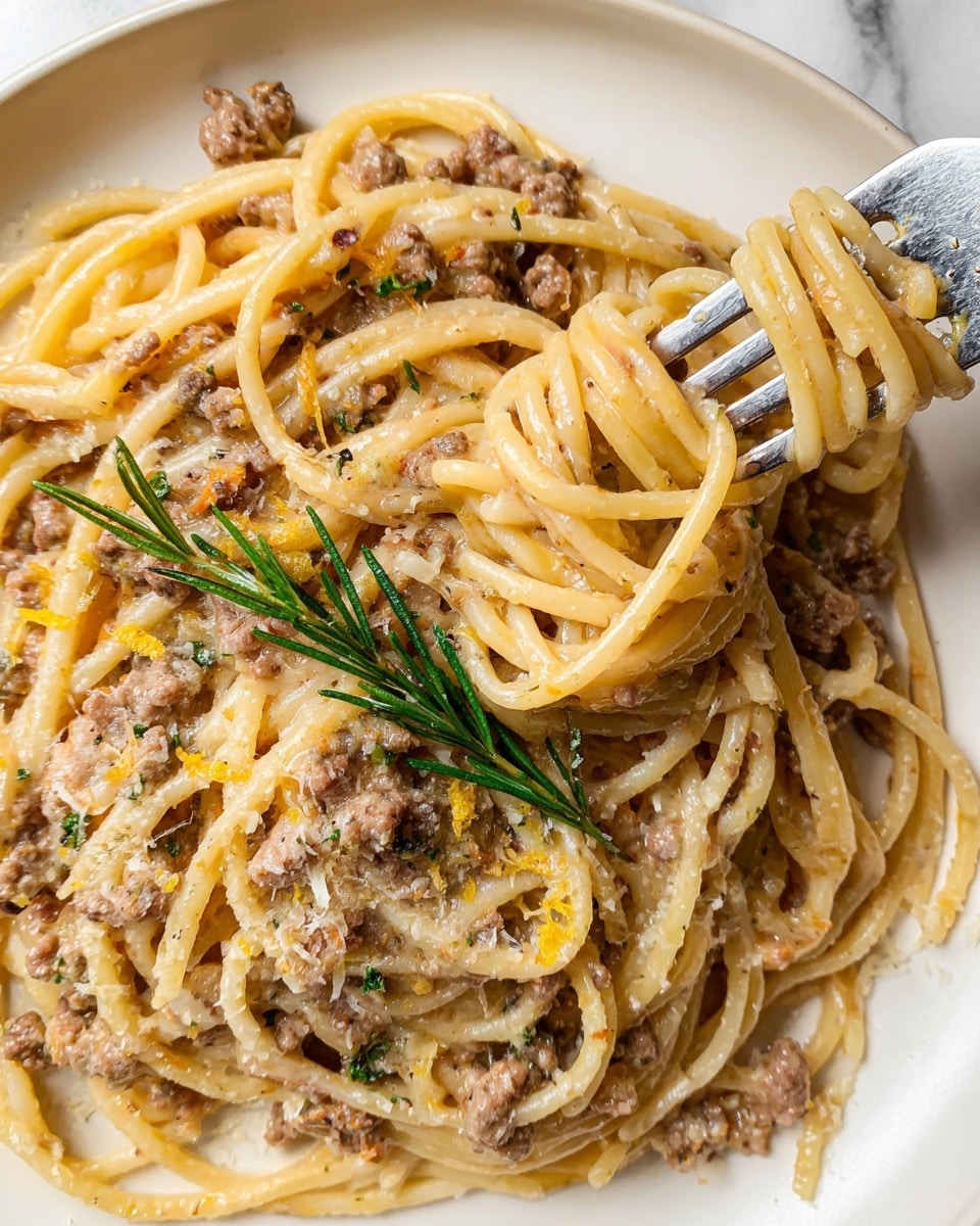 The image shows a close-up of thick spaghetti pasta mixed with a creamy, light brown meat sauce that has ground meat and small bits of vegetables throughout. The pasta is twisted around a silver fork near the center of a plain white plate, with some strands hanging loose. There are small green rosemary sprigs and finely grated pale yellow cheese sprinkled over the top, adding texture and color contrast. The background is a white marbled surface. photo taken with an iphone --ar 4:5 --v 7