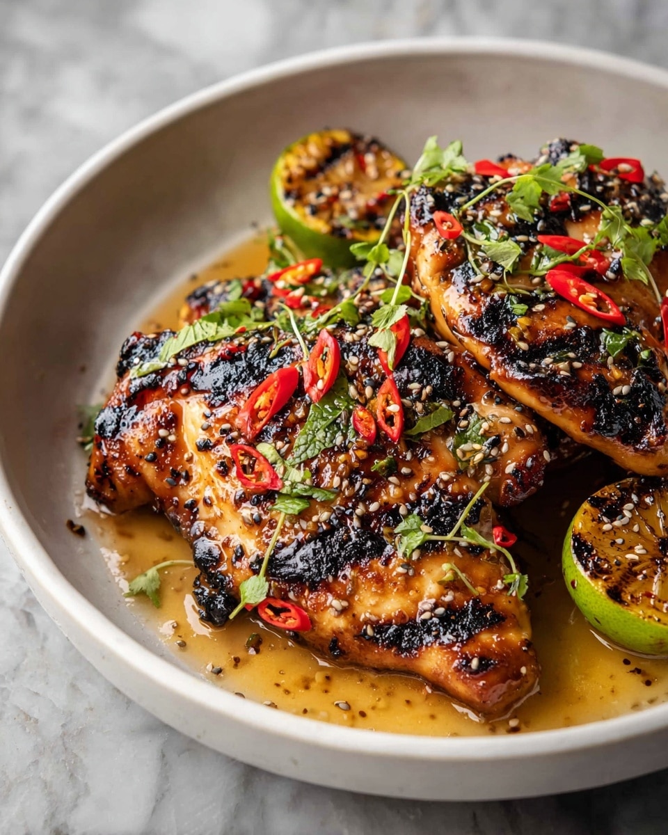 The dish shows two grilled chicken pieces with dark char marks and a shiny, glazed surface in a white bowl. The chicken is topped with small red chili slices, light green fresh herbs, and sprinkled with sesame seeds. Around the chicken, there are grilled lime halves with black grill marks, and a light sauce pools slightly at the bottom, adding a moist texture. The bowl sits on a white marbled texture. photo taken with an iphone --ar 4:5 --v 7