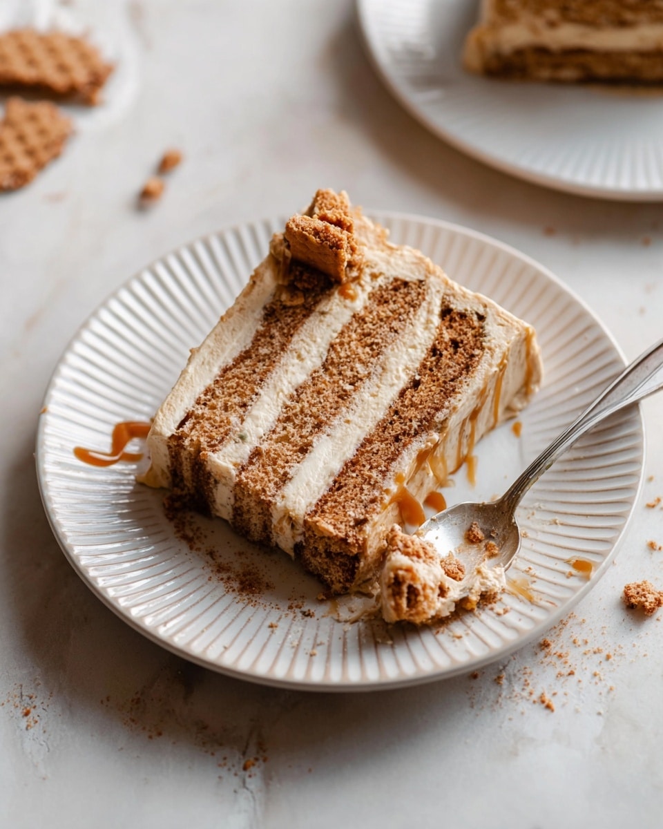 A slice of layered cake with about six thin, alternating layers of light brown cake and creamy beige frosting sits on a white plate with a ridged edge. The cake layers have a textured, crumbly look, and the frosting is smooth and thick. On top of the slice, there is a dollop of caramel-colored sauce and a small piece of biscuit. A silver spoon rests on the right side, partially cutting into the cake, and crumbs are scattered on the plate and the white marbled surface beneath. In the background, there is another white plate with some biscuit pieces and the tip of a silver spoon. photo taken with an iphone --ar 4:5 --v 7