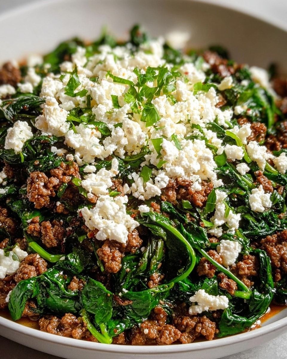 The dish is served in a white bowl, showing a mix of cooked ground meat that is brown and crumbly, intertwined with bright green sautéed spinach leaves. On top, there is a generous layer of white crumbled cheese scattered evenly across the surface, with small bits of fresh green herbs sprinkled over the cheese, adding a fresh touch. The texture of the cooked ingredients looks moist with a bit of oil pooling slightly at the bottom edges. The colors of brown, green, and white create a strong contrast. photo taken with an iphone --ar 4:5 --v 7