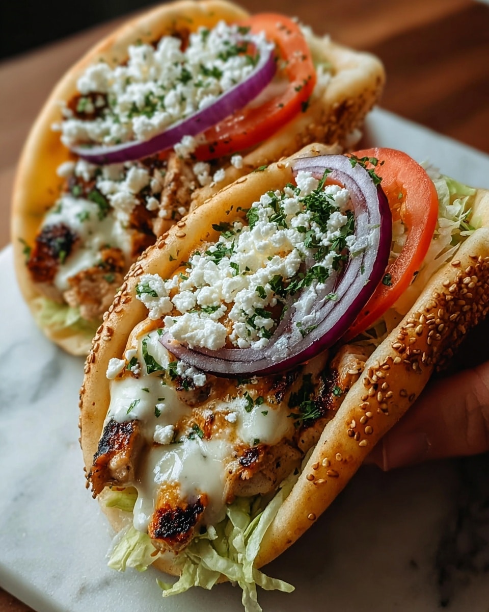 A close-up shot of two pita sandwiches placed on a white marbled surface, each with three main layers: the base layer of grilled chicken pieces with a golden-brown char, topped with a creamy white sauce and melted cheese, followed by slices of red tomato and thin rings of purple onion, then a layer of shredded green lettuce. The sandwiches are garnished with white crumbled cheese and sprinkled with chopped green herbs. The sandwich in the front is held by a woman's hand on the right side, showing the soft texture of the pita bread with sesame seeds on the edge. Photo taken with an iphone --ar 4:5 --v 7
