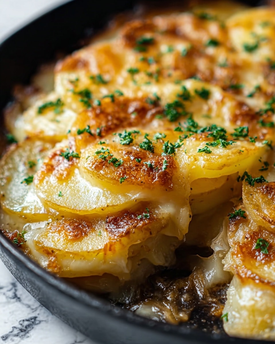 A close-up view of baked potato slices layered smoothly with melted cheese, showing a crispy golden brown crust on top. The thin potato layers are soft yellow with a light browning from baking, mixed with translucent cooked onions sitting between some layers. Small green parsley bits are sprinkled evenly over the top, adding a fresh color contrast. The dish is served in a black pan, placed against a white marbled texture in the background. The food looks warm, gooey, and savory. photo taken with an iphone --ar 4:5 --v 7