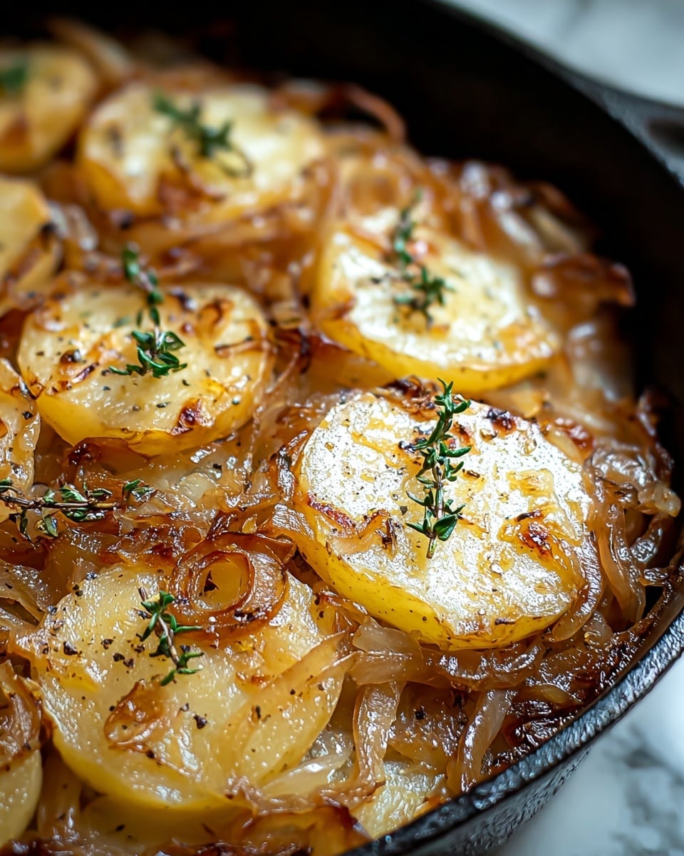 A close-up view of a cooked potato and onion dish in a cast iron pan, featuring about two layers; the bottom layer is a mix of golden-brown caramelized onions with a soft, glossy texture, and the top layer shows sliced potatoes with crispy edges and a tender, pale yellow inside. Small green thyme sprigs are scattered on top, adding a fresh color contrast. The dish glistens with oil or butter, and there are specks of black pepper for seasoning. The background shows a white marbled texture. Photo taken with an iphone --ar 4:5 --v 7