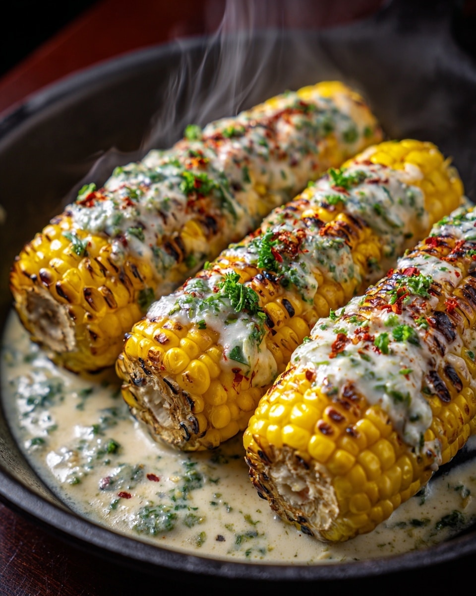 Five yellow grilled corn cobs with a slightly charred texture are arranged in a round pan. Each cob is covered with a creamy white sauce that has small green herb pieces and red spices sprinkled on top, giving a rich, melted look. The sauce pools slightly around the base of the corn, adding a shiny, smooth layer that contrasts with the rough kernels. The pan itself is dark, and the close-up shot captures the glistening steam and melted sauce details. photo taken with an iphone --ar 4:5 --v 7