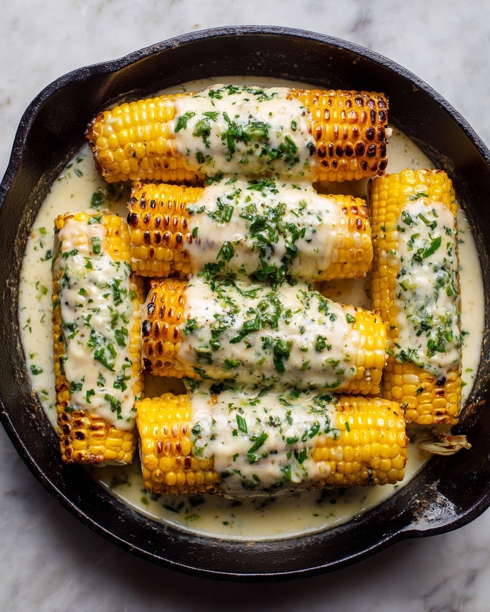 The image shows six corn cobs in one pan, each covered with a thick, creamy layer of melted cheese sauce. The cheese is white with green herbs sprinkled all over, giving it a speckled look. The corn underneath is bright yellow with some charred spots, showing it has been grilled or roasted. The cheese has browned slightly in places, forming small, crisp edges where it met the hot pan. The pan is black, sitting on a white marbled surface, and the melted cheese sauce pools around the corn, mixing with some butter or oil that has browned. photo taken with an iphone --ar 4:5 --v 7