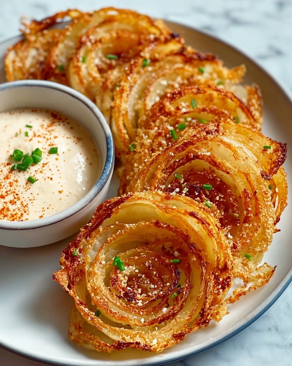 Crispy golden-brown onion slices are arranged in overlapping circular layers on a white plate, each onion piece showing slightly charred edges and a rough, crunchy texture with a dusting of small white salt crystals and a few tiny green chive pieces on top. To the side, there is a small white ceramic bowl filled with creamy off-white dipping sauce topped with a sprinkle of paprika and two small green chive pieces. The dish sits on a white marbled texture surface. photo taken with an iphone --ar 4:5 --v 7