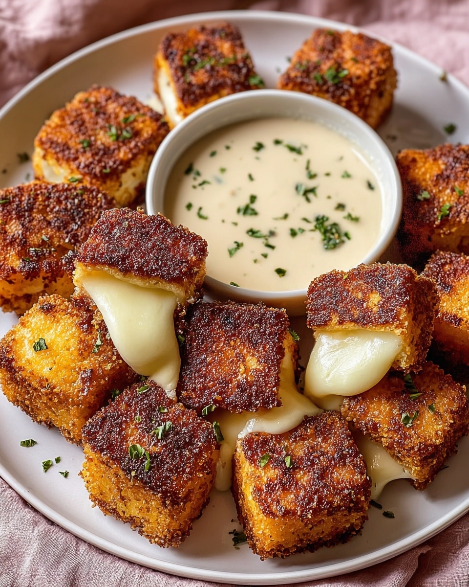 The image shows a white plate filled with about fourteen small square grilled cheese bites. Each piece has a golden brown to dark brown crispy crust on the outside, with melted white cheese oozing out slightly from some sides. The cheese looks creamy and soft, contrasting with the crunchy textured crust. The pieces are all closely packed together around a white bowl of creamy beige dipping sauce with small green herb sprinkles on top. The plate is set on a soft pink cloth, and some green herbs are scattered lightly over the grilled cheese squares for decoration. Photo taken with an iphone --ar 4:5 --v 7