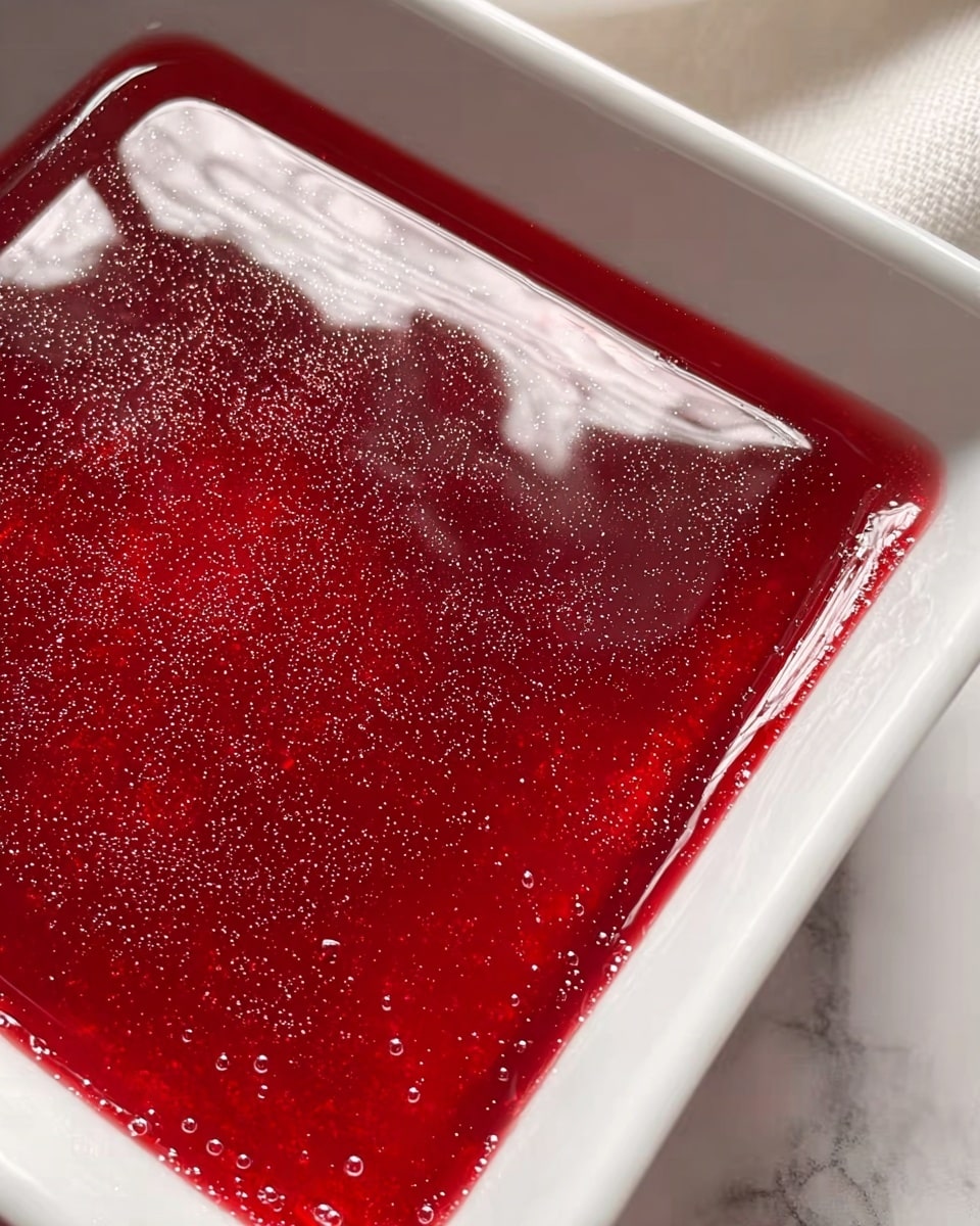 A close-up view of a single-layer dessert in a white square dish, filled with a glossy, deep red jelly-like layer that has a smooth, shiny surface with tiny bubbles scattered throughout. The jelly's edges cling slightly to the sides of the dish, and the background shows a white marbled texture. The light creates soft reflections on the glossy red layer, highlighting its fresh, gel-like texture. photo taken with an iphone --ar 4:5 --v 7
