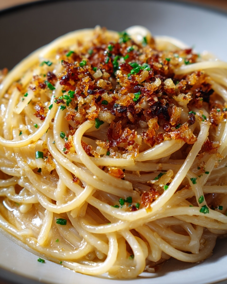 A close-up view of a dish with one layer of spaghetti noodles, light beige in color and glossy with a slight oily texture, arranged loosely on a white plate. On top, there is a layer of small, golden-brown crispy bits mixed with darker brown toasted pieces, scattered unevenly across the noodles. Finely chopped green herbs are sprinkled over the dish, adding a fresh color contrast. The overall look is warm and inviting, with a mix of soft and crunchy textures visible. photo taken with an iphone --ar 4:5 --v 7
