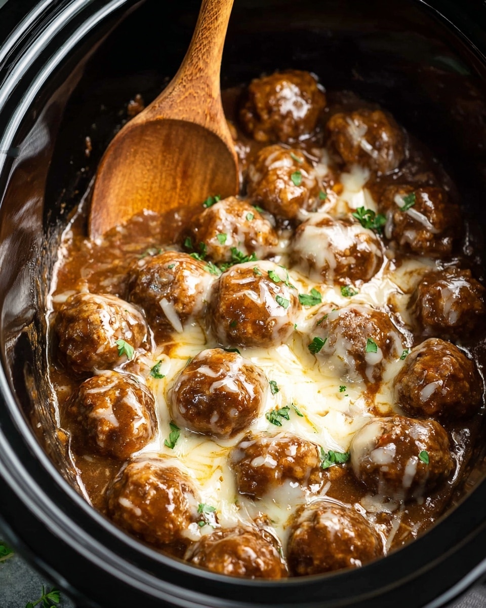 Inside a black slow cooker, there are many round meatballs covered with thick, shiny brown gravy mixed with soft melted white cheese spreading unevenly across. Small green herb leaves are sprinkled on top for color. A wooden spoon is partly submerged, showing the mix is being stirred. The overall look is glossy and hearty, with the meatballs sitting close together in the sauce. Photo taken with an iphone --ar 4:5 --v 7