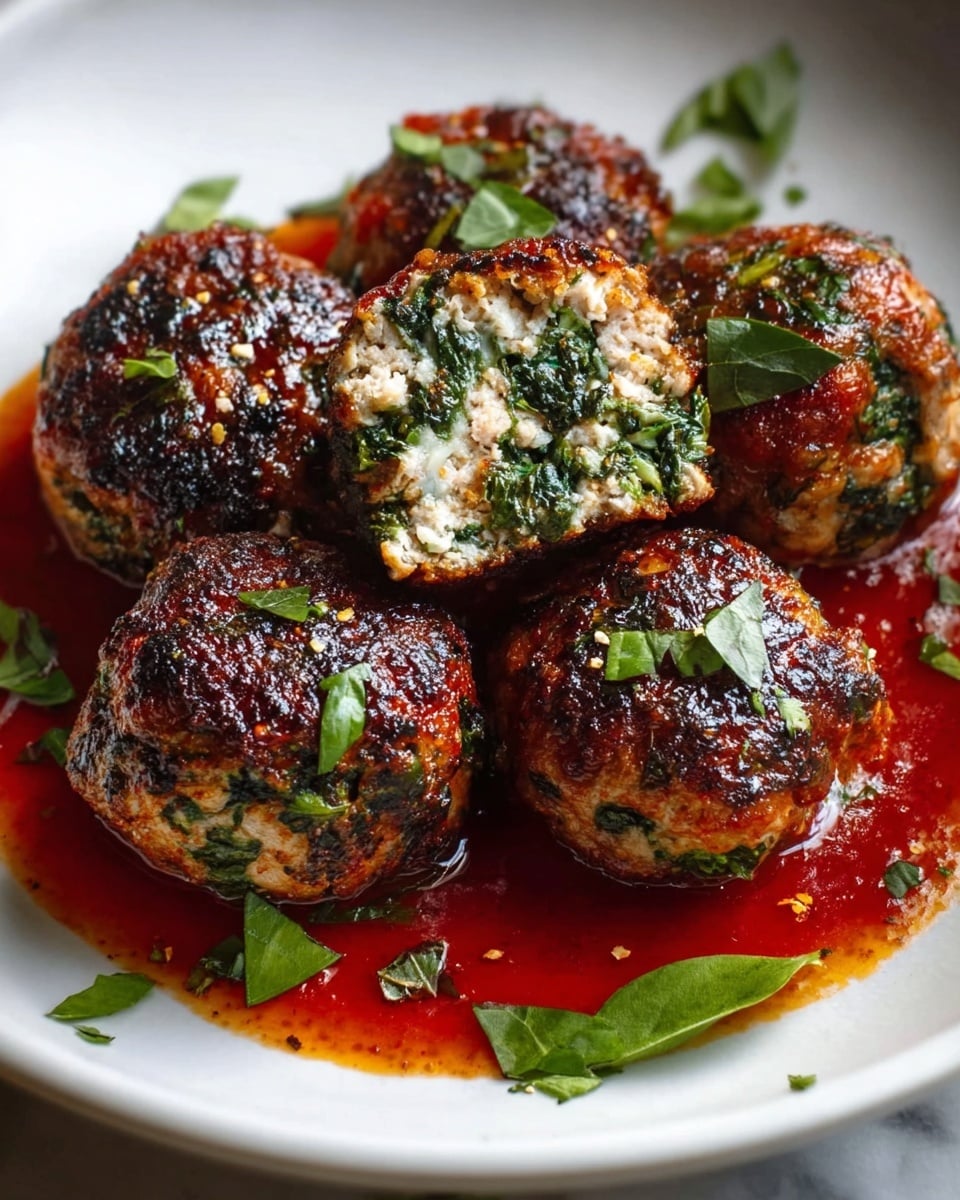 The image shows several meatballs with a crispy, browned outer layer that is speckled with charred black and golden-brown spots, mixed with bright green bits of leafy herbs or spinach. One meatball is cut in half, revealing a dense inside full of finely chopped green leaves and soft, light-colored meat. The meatballs sit on a smooth layer of rich red sauce with a glossy texture and a bit of oil visible. Small bits of fresh green herbs are scattered around the meatballs on a white plate placed on a white marbled surface. Photo taken with an iphone --ar 4:5 --v 7