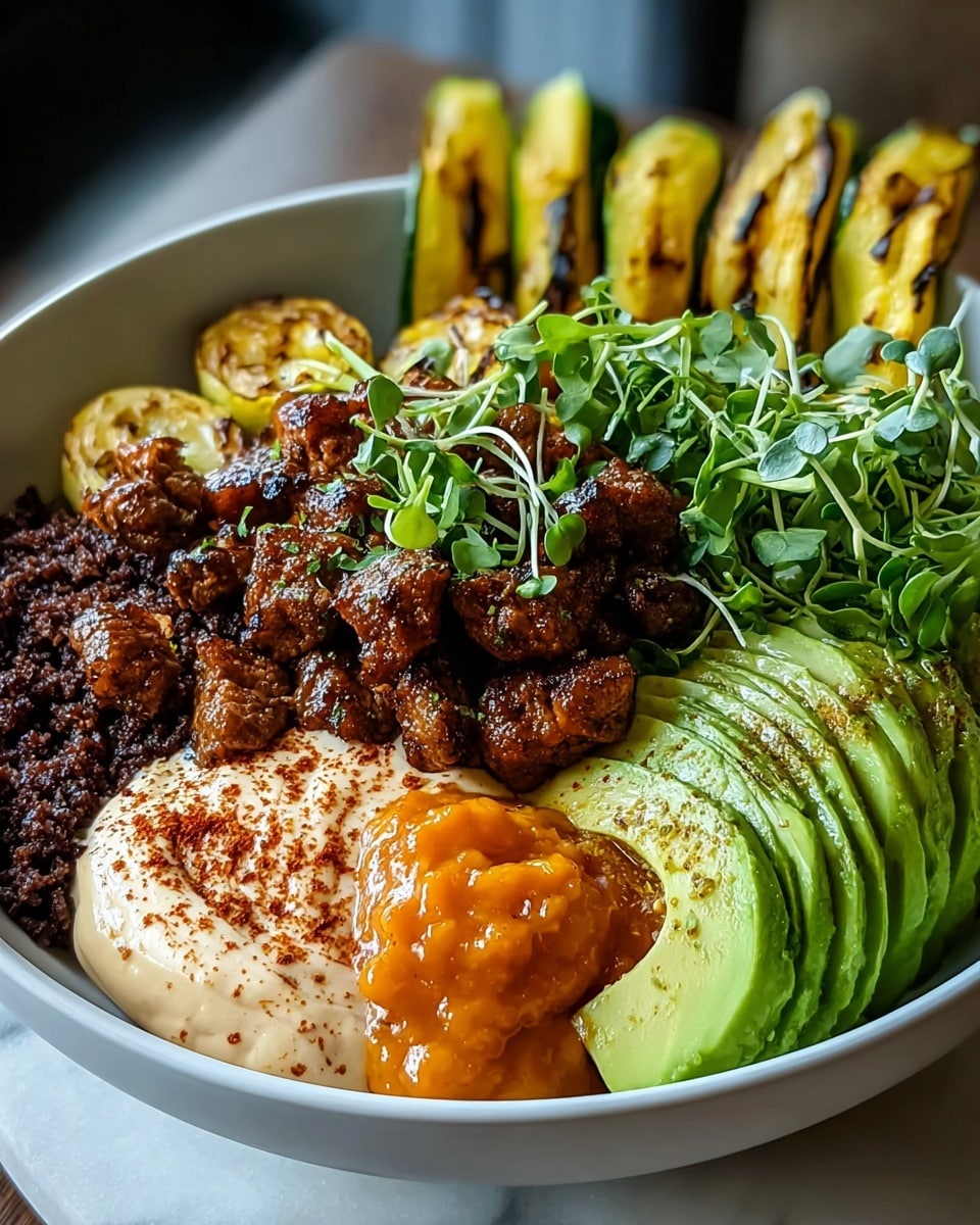 A close-up view of a bowl with five main layers arranged side by side: on the bottom left is a dark brown crumbly base, topped with a creamy light beige sauce sprinkled with red spice; next to it is a glossy bright orange chunky sauce; in the center sits a pile of small, dark brown grilled meat pieces with a few green microgreens on top; to the right is a fresh cluster of light and dark green leafy sprouts; and on the far right are thick slices of vibrant green avocado with a light char and some seasoning. Behind everything are thin slices of grilled yellow squash or zucchini standing upright along the edge of the bowl. The bowl is white, set on a white marbled surface, with natural light softly highlighting the textures. Photo taken with an iphone --ar 4:5 --v 7