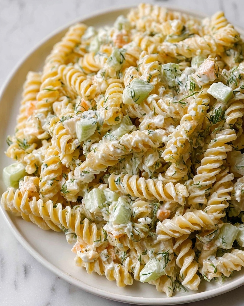 A close-up view of rotini pasta salad served on a white plate placed on a white marbled surface. The salad has three main layers: twisted rotini pasta in a light yellow color forms the base and top, mixed evenly throughout with a creamy white dressing. Small, diced pieces of pale green cucumber and bits of light orange cheese are scattered within the pasta. Tiny green dill herb pieces are sprinkled evenly all over, adding a fresh contrast to the creamy texture. Photo taken with an iphone --ar 4:5 --v 7