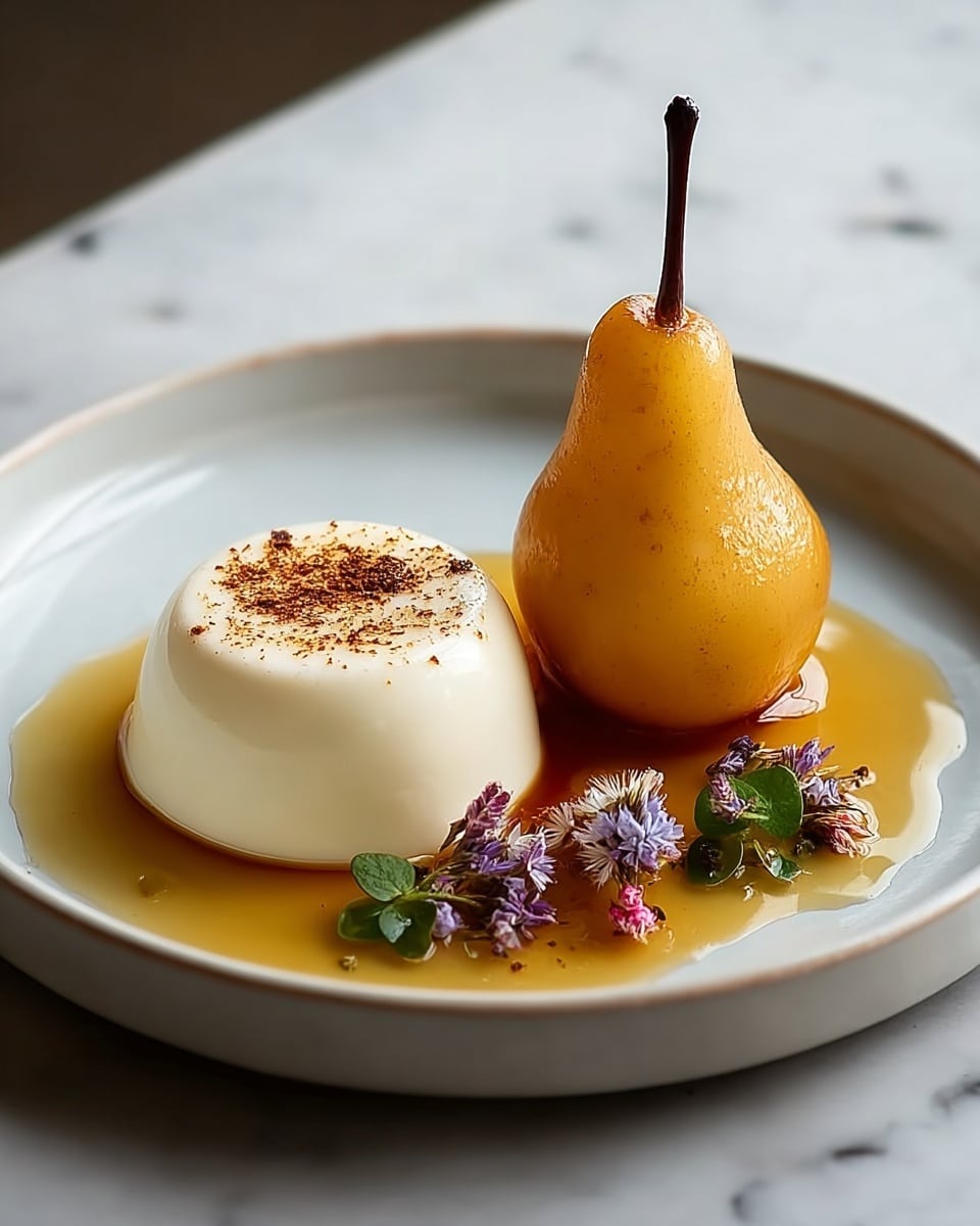 A dessert plate with two main items on a white plate set on a white marbled background. On the left, a smooth, rounded, creamy white panna cotta sprinkled lightly with brown powder on top sits in a shallow pool of golden caramel sauce. On the right, a whole poached pear with a yellow-orange color and a dark brown stem stands upright, also resting in the caramel sauce that gently pools around both items. In front of the panna cotta and pear, small delicate purple and pink edible flowers with green leaves add a soft touch of color and decoration. Photo taken with an iphone --ar 4:5 --v 7