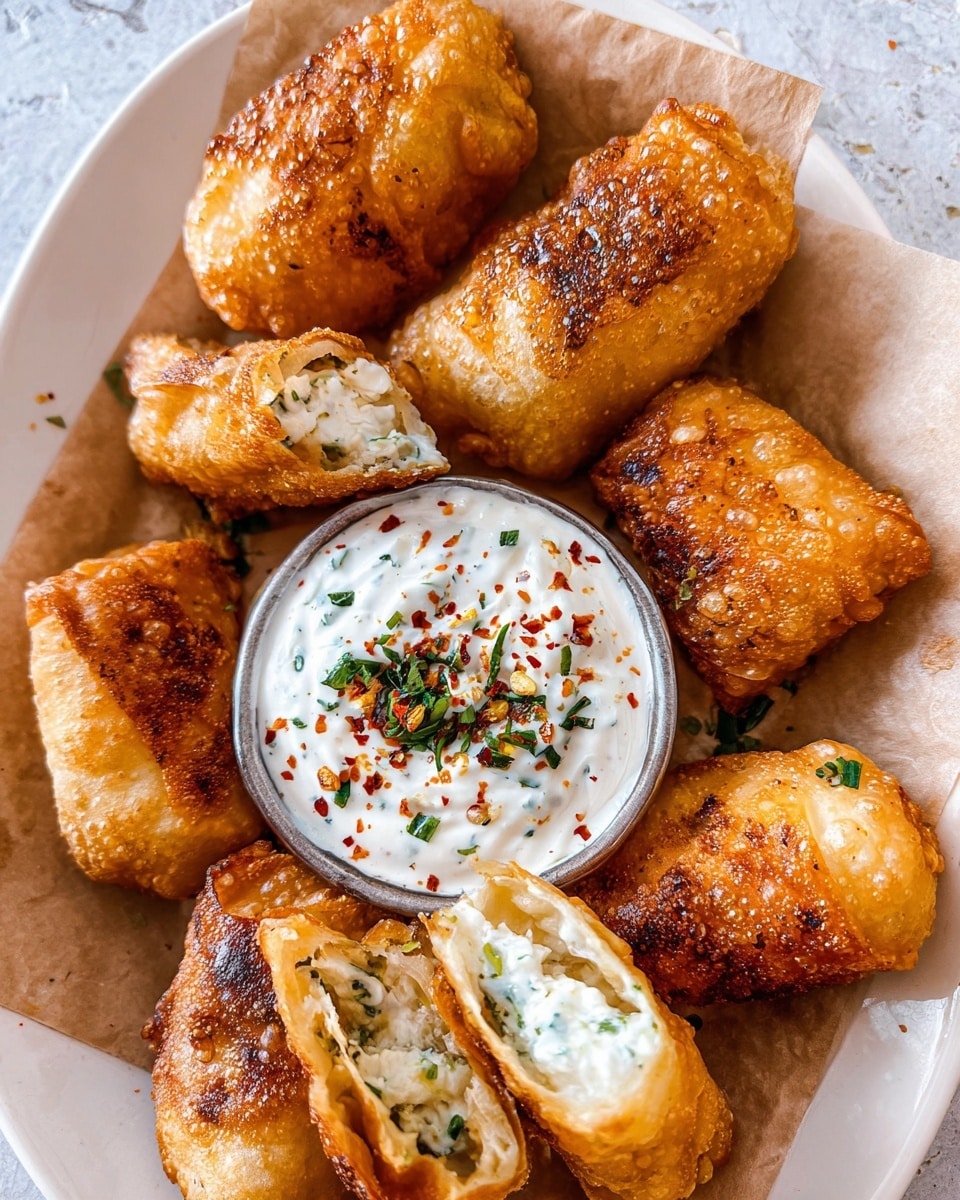 The image shows a white plate filled with several golden-brown fried rolls with a crispy, bubbly texture on their surface. Some rolls are broken open, revealing a white filling mixed with green herbs inside. In the center of the plate is a small bowl of creamy white sauce topped with red spice flakes and green herbs. The plate sits on a piece of brown paper against a white marbled texture background. photo taken with an iphone --ar 4:5 --v 7