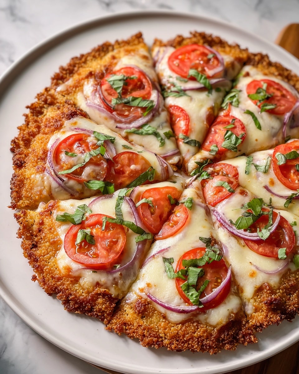A round pizza is cut into eight slices and served on a white plate. The bottom crust looks crunchy and golden brown with a textured, crumbly surface. Above the crust is a layer of melted cheese that is creamy white and bubbly. There are slices of red tomato and thin rings of purple onion spread evenly on top of the cheese. Green basil leaves are chopped and scattered over the pizza as the final garnish. The plate is placed on a white marbled surface. photo taken with an iphone --ar 4:5 --v 7
